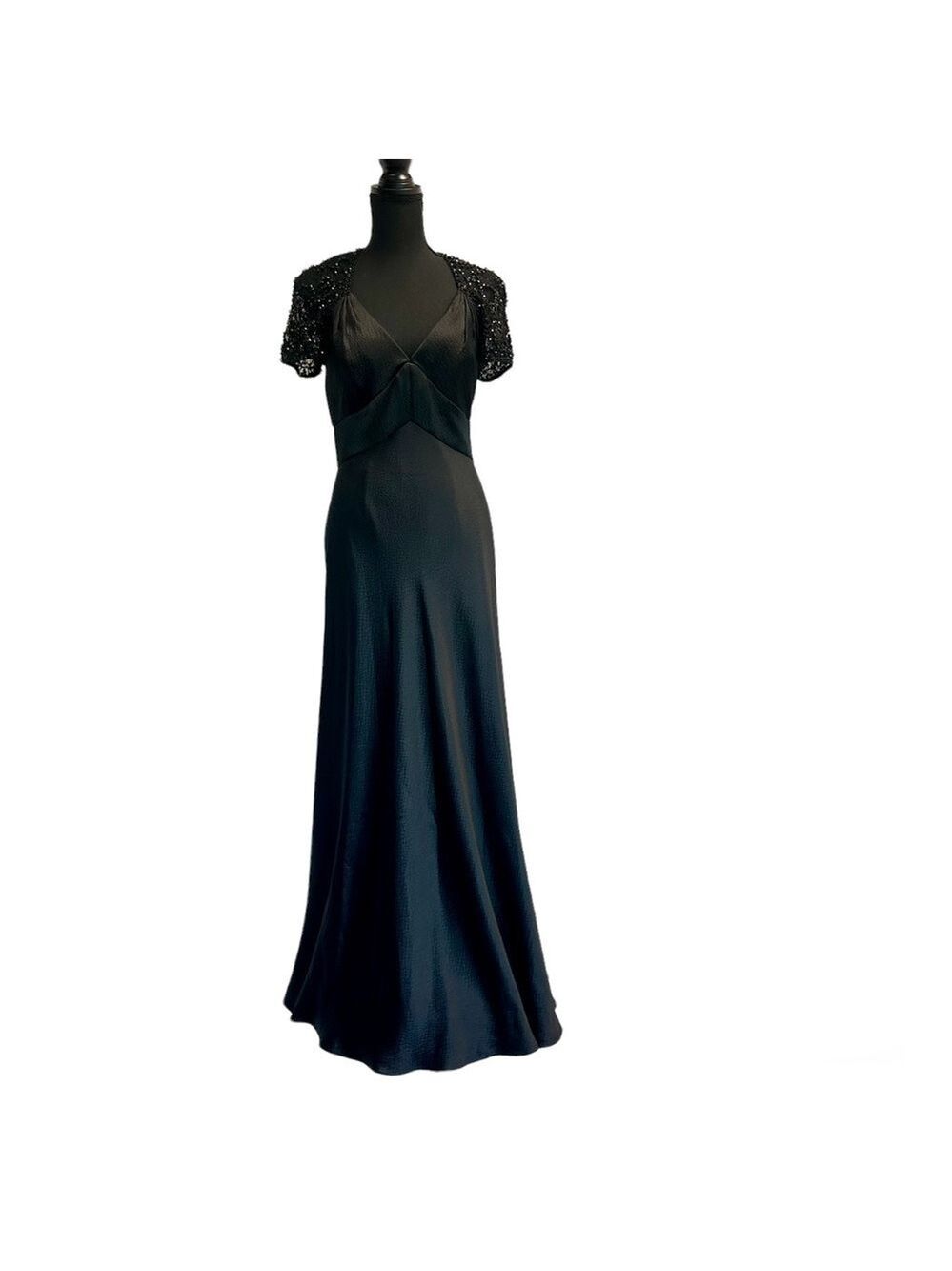 Badgley Mischka black beaded lace short sleeve silk formal evening gown 8 NWOT - Picture 3 of 17